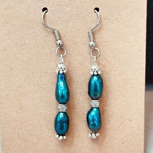 Stainless Steel Genuine Freshwater Teal Pearls 2ea w/Silver Tone Beads